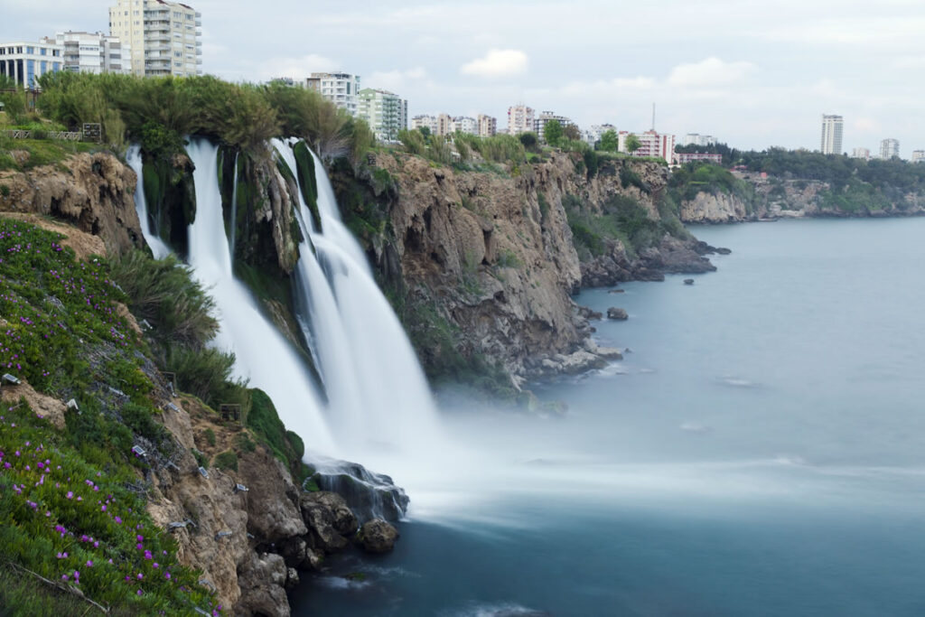 The dramatic drop of Düden Waterfalls into the Mediterranean Sea near Antalya.