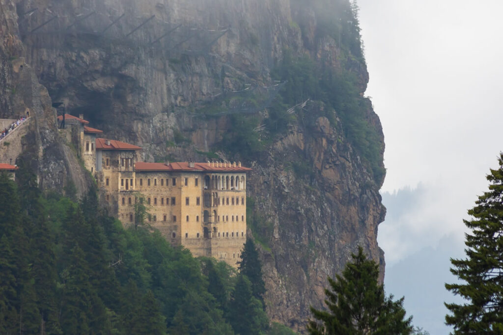 The historical architecture of Sumela Monastery, featuring Byzantine design and intricate stonework.
