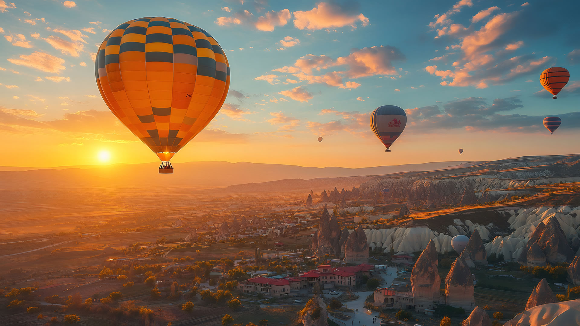 Hot air balloons rising over the unique fairy chimneys of Cappadocia at sunrise, Turkiye.