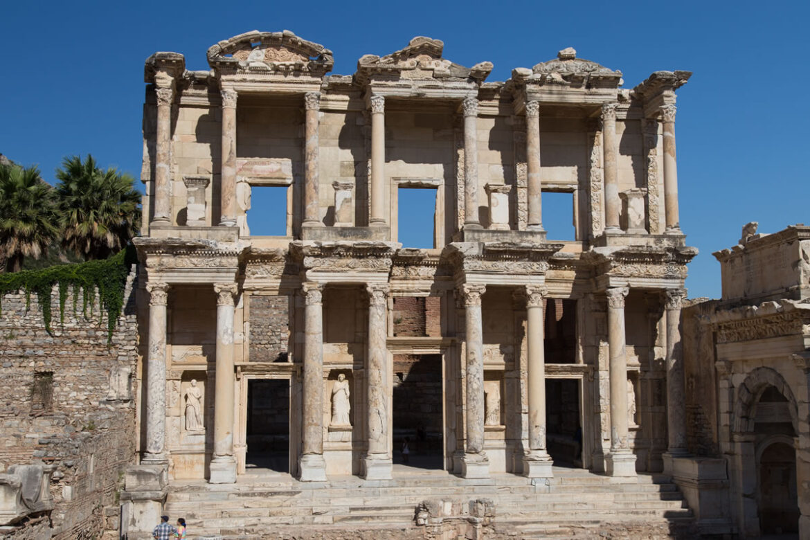 The grand facade of the Library of Celsus in ancient Ephesus, Turkiye.