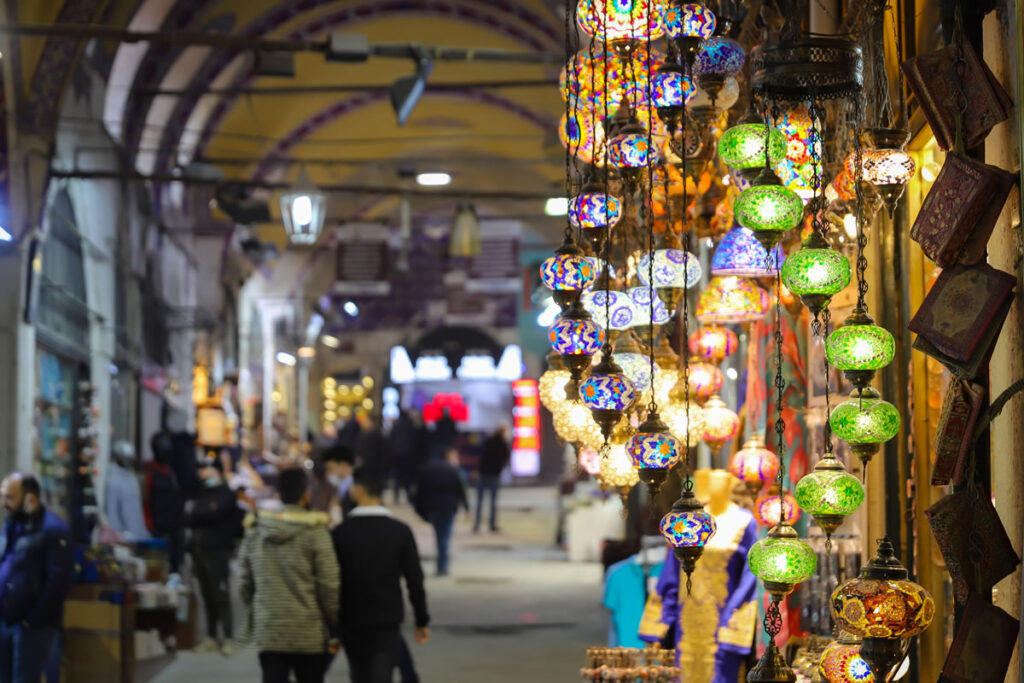 Colorful shops inside the Grand Bazaar in Istanbul.