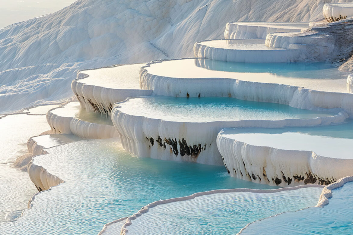 The white travertine terraces of Pamukkale, sparkling under the Turkish sun.