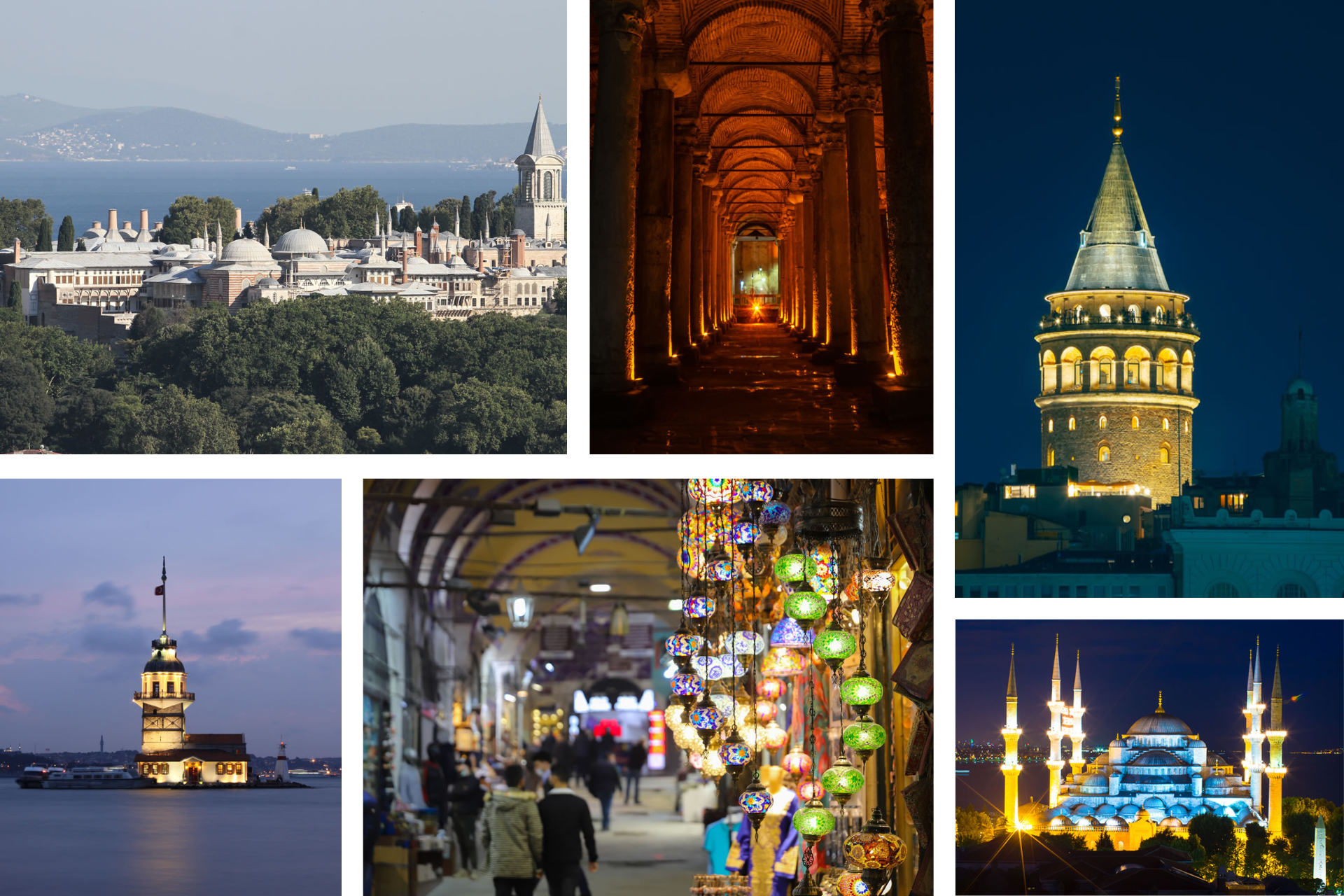 A collage of Istanbul’s top attractions including Hagia Sophia, Blue Mosque, Galata Tower, and the Bosphorus.