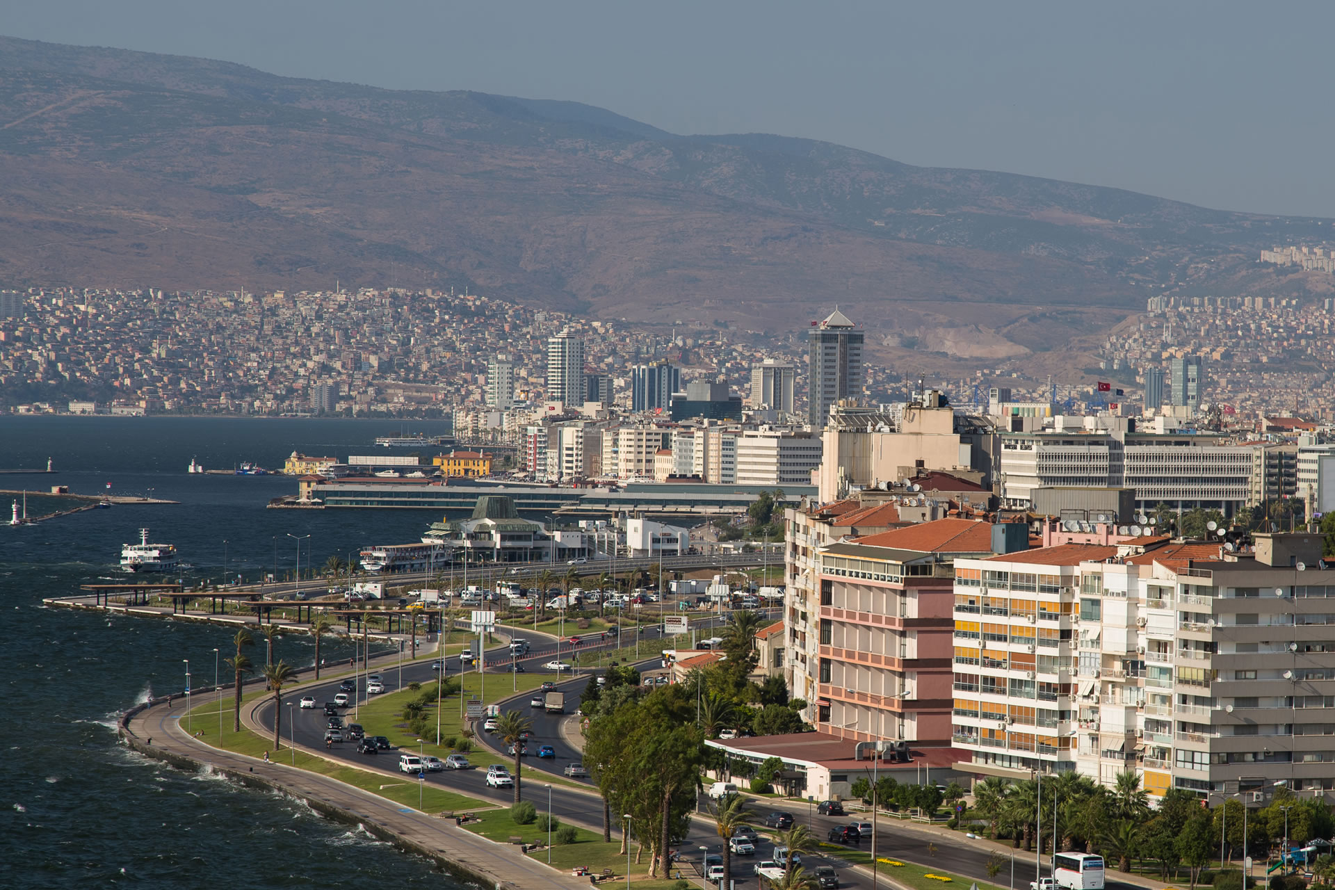 Panoramic view of İzmir’s coastline including Konak Pier, Clock Tower and the Aegean Sea