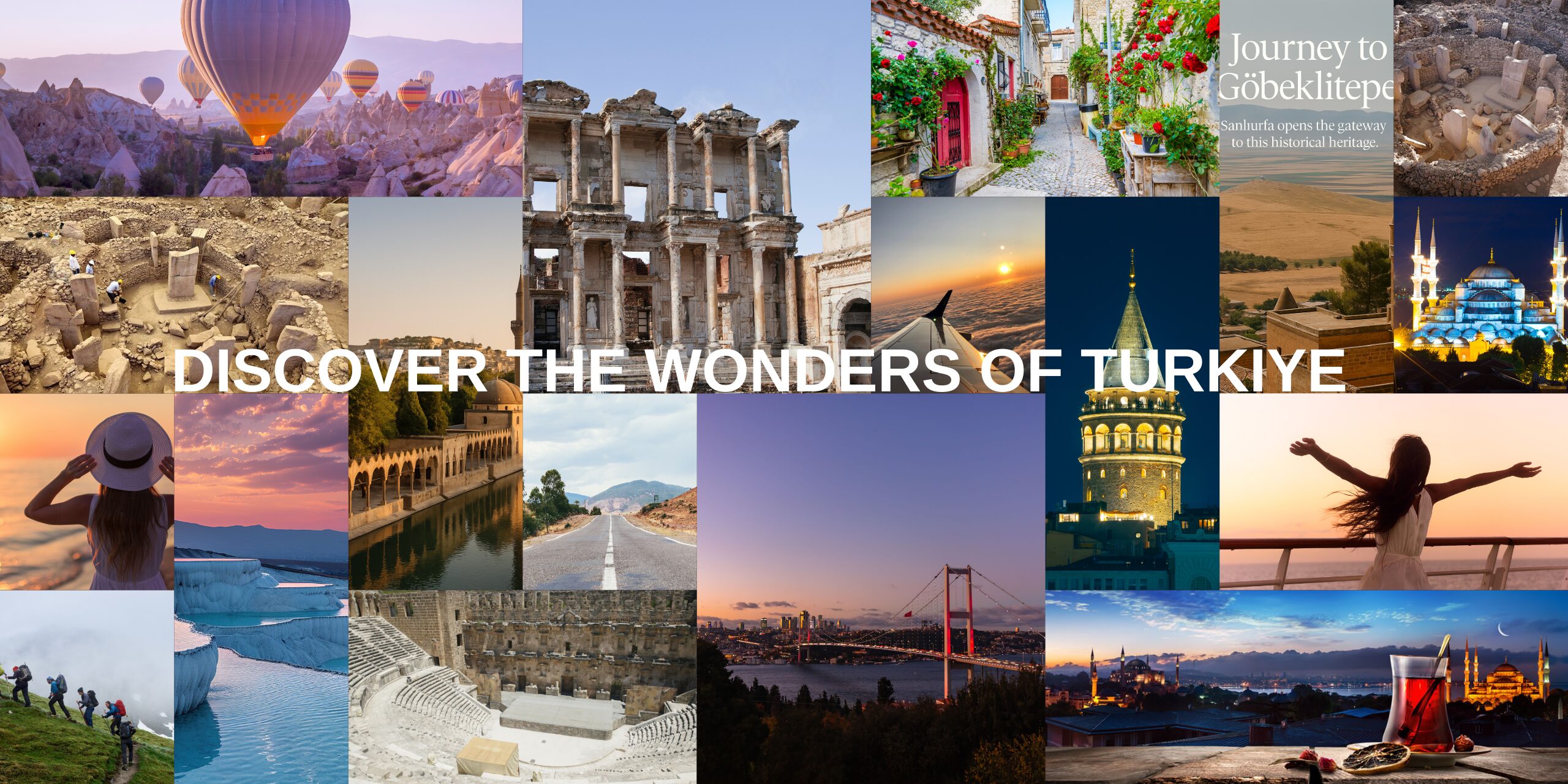 Travel collage featuring Cappadocia hot air balloons, Pamukkale travertines, Hagia Sophia in Istanbul, and Mediterranean coast — designed for UK travellers exploring Turkiye